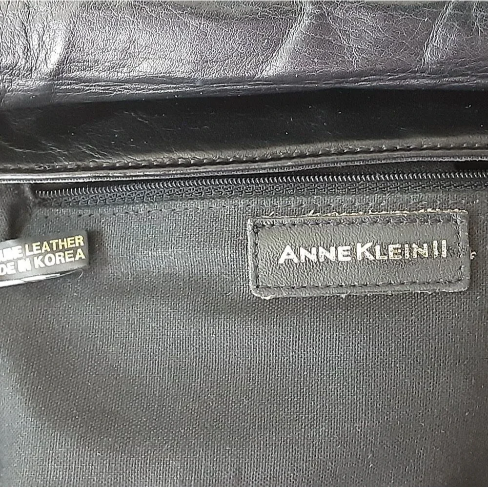 ANNE KLEIN II Logo Black Leather Fold-Over Flap Shoulder Crossbody Bag-Vtg 90's